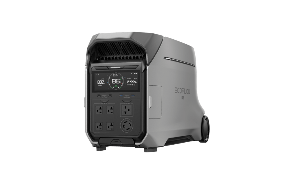 Three-quarter front view of the EcoFlow DELTA Pro 3 portable power station, showing its display, outlets and rear wheel.